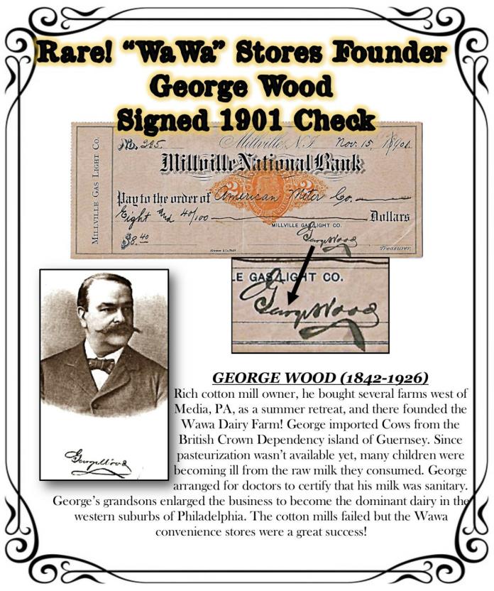 Rare! “WaWa” Stores Founder George Wood Signed 1901 Check