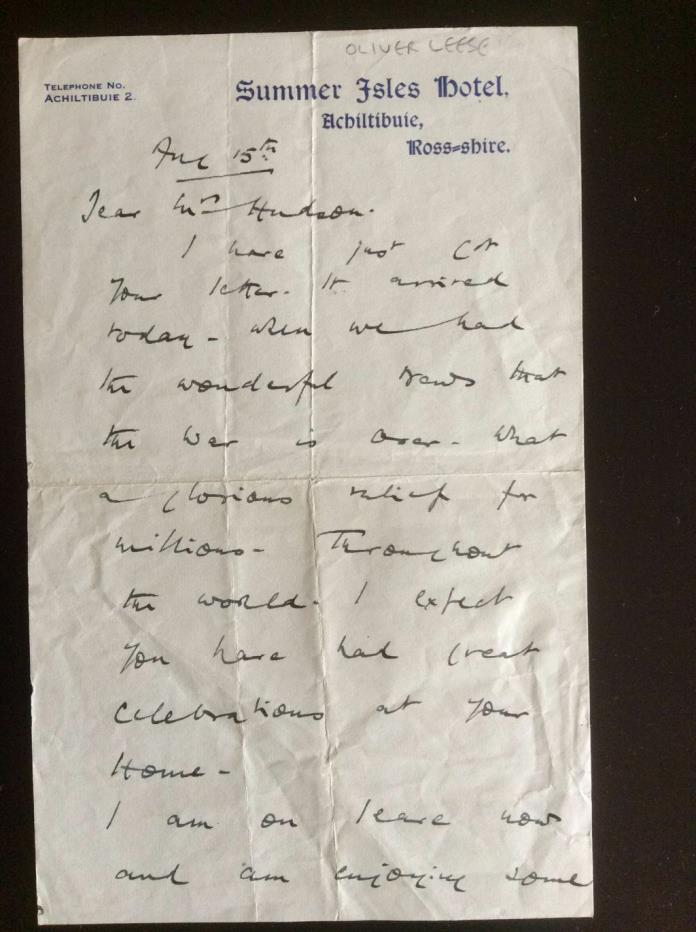 1945 WWII Letter Signed by GENERAL OLIVER LEESE El Alamein Monte Cassino Burma