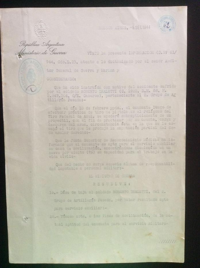 Signed by JUAN PERON 1944 WWII Era Document * Minister of War * Argentina*Evita