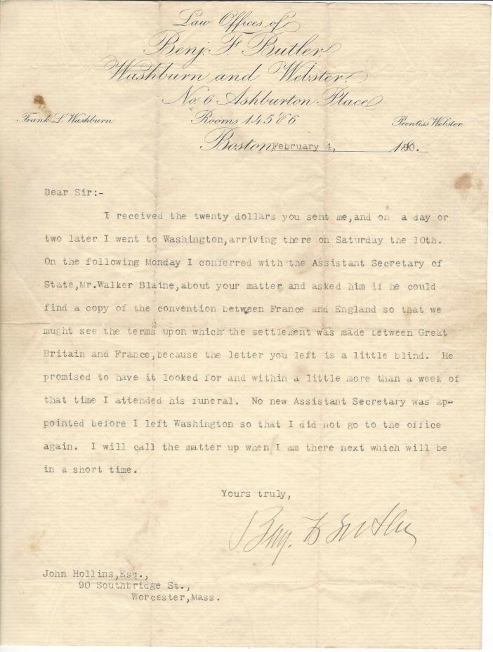 Benjamin Butler 1890 Interesting Typed Letter Signed Re: French/English Treaty