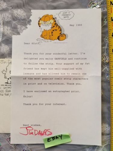 Jim Davis SIGNED Garfield Just A Friendly Note 1988