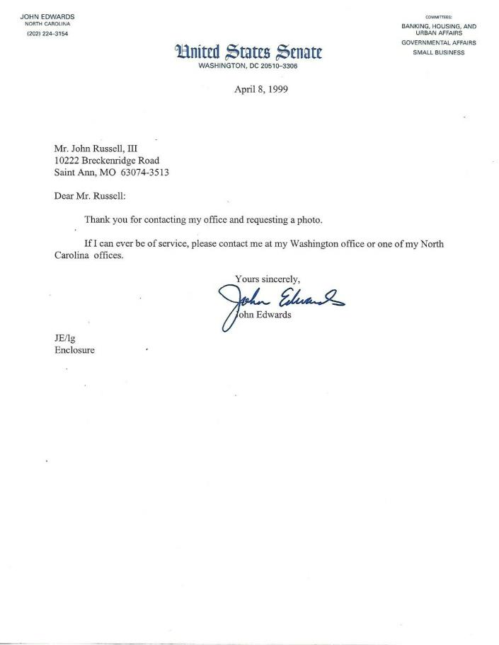 Former U.S. Senator North Carolina John Edwards Signed Letter