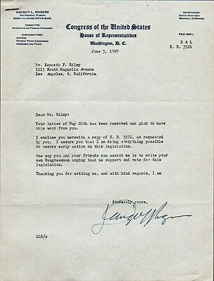 Representative DWIGHT L. ROGERS Signed Letter - 1947