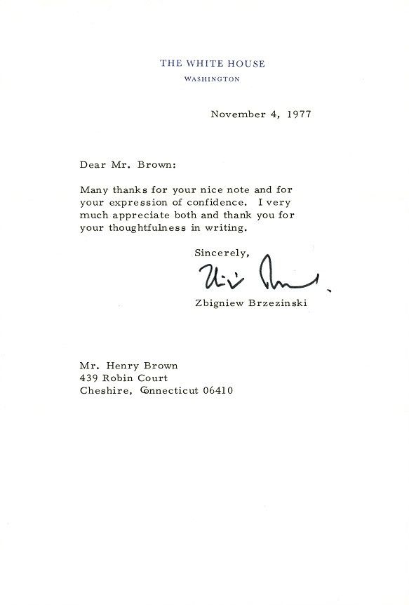 ZBIGNIEW BRZEZINSKI Signed White House Letter - 1977