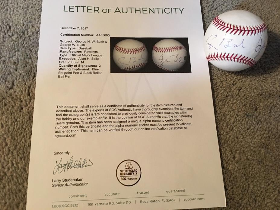 GEORGE W BUSH & GEORGE H W BUSH SIGNED AUTO AUTOGRAPHED BASEBALL wth $75 SGC COA