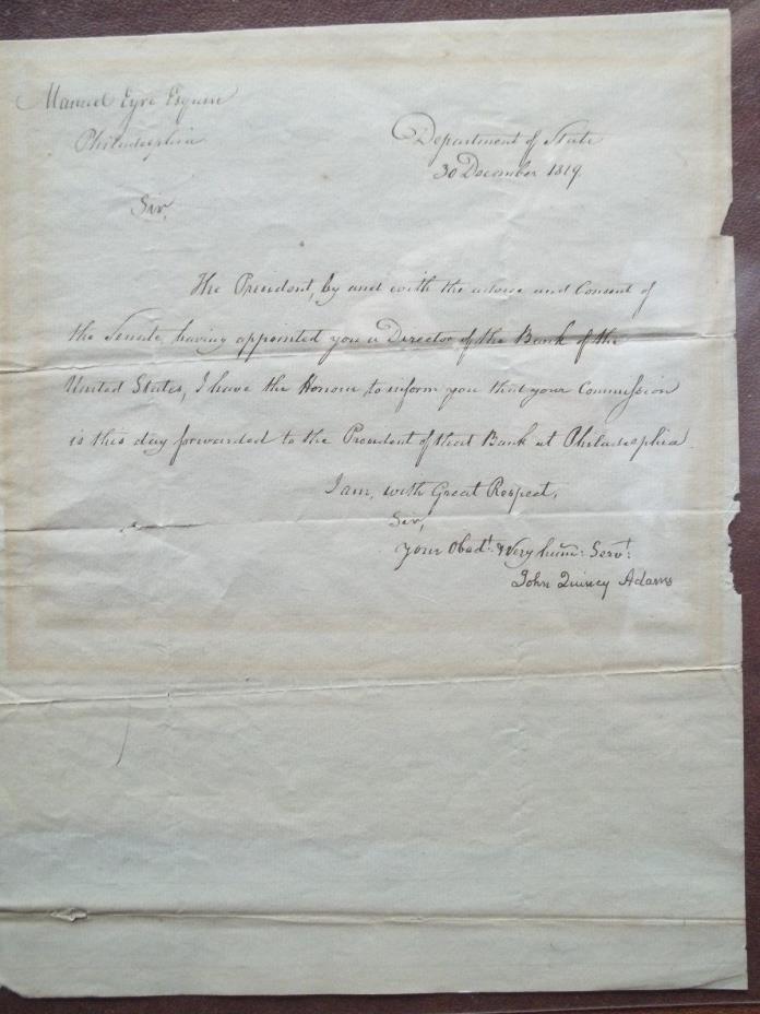 JOHN QUINCY ADAMS HISTORICAL LETTER WRITTEN & SIGNED BY HIM DATE DEC30,1819