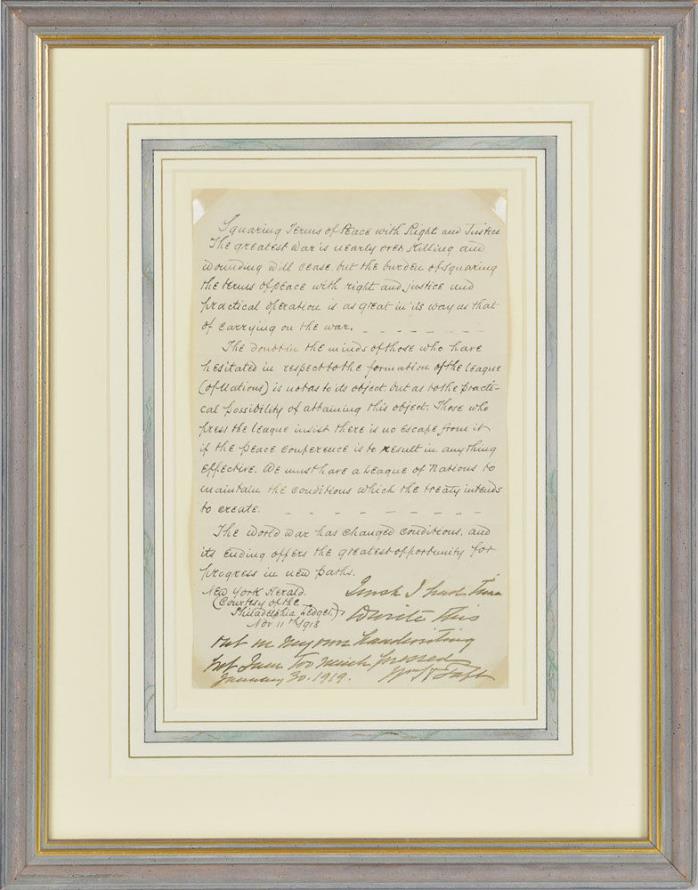 William Taft 1919 Autograph Note Signed - On Manuscript Concerning World War I