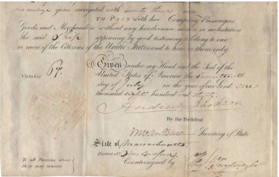 Ship Passport Document Signed by Andrew Jackson & Martin Van Buren 1830 with COA