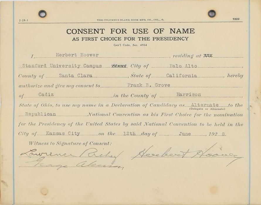 Herbert Hoover Document Signed - Official Declaration as Presidential Candidate