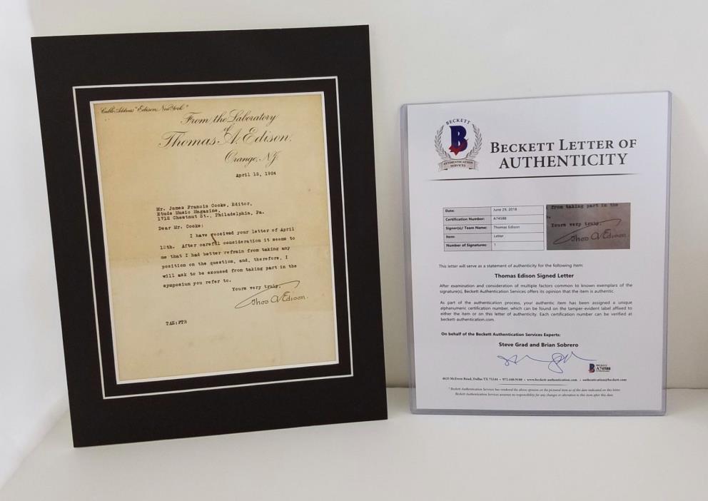 1924 Thomas Edison Signed Autograph Typed Letter BAS BECKETT LOA