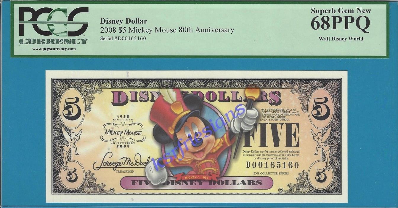 2008 Disney Dollar * $5 c.1955 MICKEY * D00165160 * PCGS 68PPQ Superb Banknote *