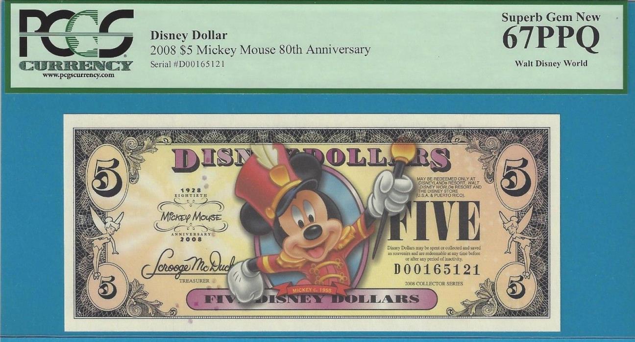 2008 Disney Dollar * $5 C.1955 MICKEY Banknote D00165121 * 67PPQ * SUPERB GEM!!!