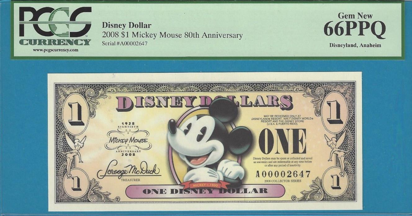 2008 Disney Dollar * $1 C. 1930 MICKEY Banknote A00002647 * PCGS 66PPQ *