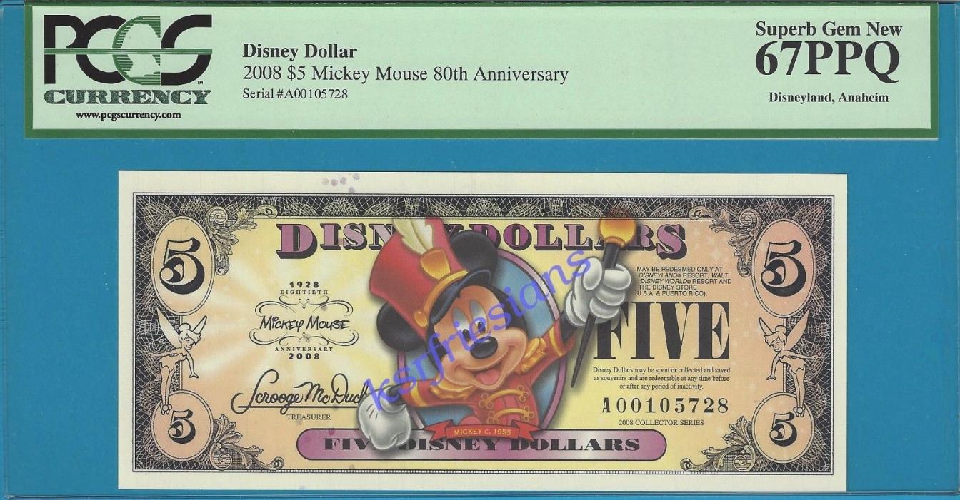 2008 Disney Dollar * $5 c.1955 MICKEY * A00105728 * PCGS 67PPQ Superb Banknote *