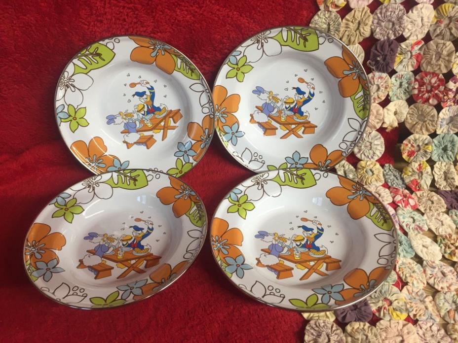 Set of 4 Disney Enamelware Bowls Donald Ducks & Daisy Picnic Scene & Floral