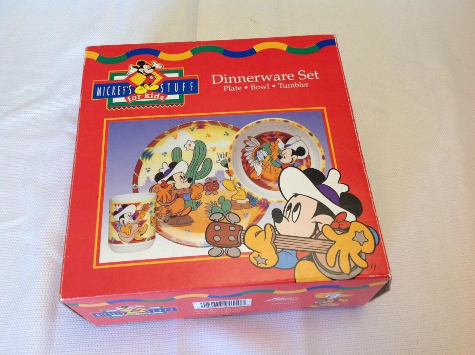 Vintage Mickey Mouse Donald Duck Cowboy Kid's 3 Piece Dinnerware Set New in box!