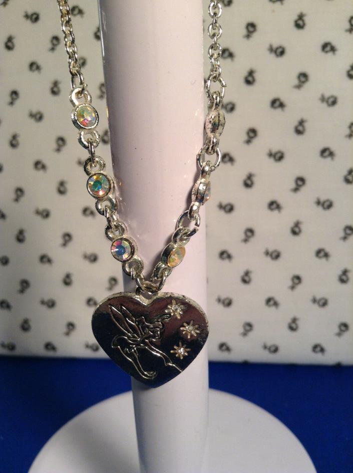Disney's Silver Toned Heart Tinkerbell Crystal Teen Necklace