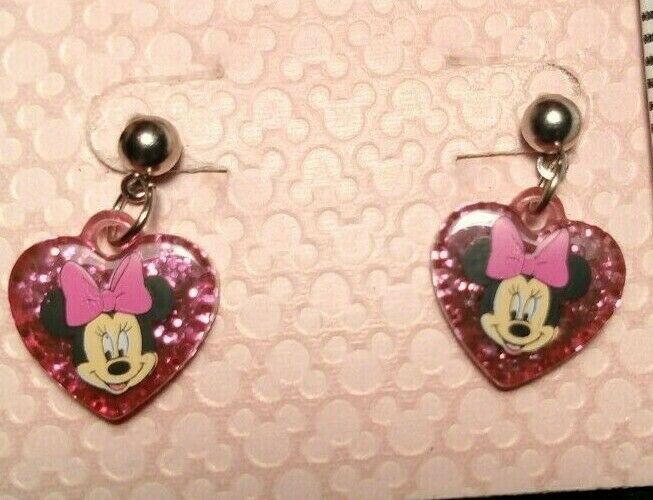 Disney Minnie Mouse Glittery Pink Heart Dangle Stud Earrings  *NEW*