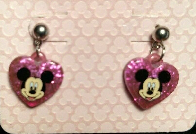Disney Mickey Mouse  Heart Dangle Glittery Pink Stud Earrings  *NEW*