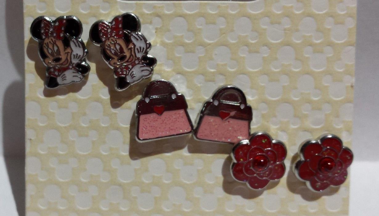 Disney World Parks Minnie Mouse 3 Pair Pierced Earrings Minnie Purse Flower NWT