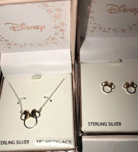 DISNEY STERLING SILVER MINNIE MOUSE BOW CRYSTAL NECKLACE ROSE GOLD 16