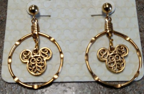 Disney  Parks Mickey Mouse Icon Swirl Post Dangle Earrings Gold Tone Hoop New