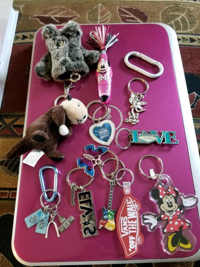Key Chain collection.mini mouse cheerleader, Arch MO, Graceland, LasVegas, M&Ms,