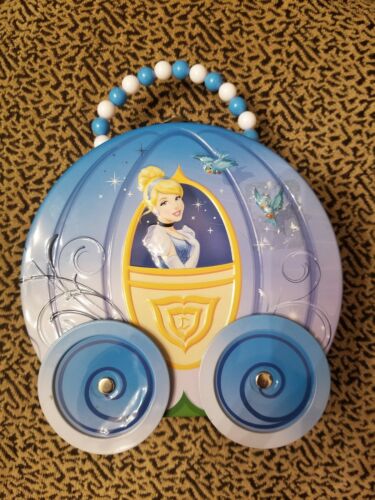Girls Tin Lunch Box Tote Purse Cinderella Carriage Wheels Spin Beaded Handle EUC