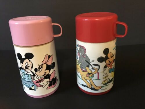 2 Vintage Disney Lunch Box Thermos Mickey Mouse Circus Minnie Pink Mexico Globe