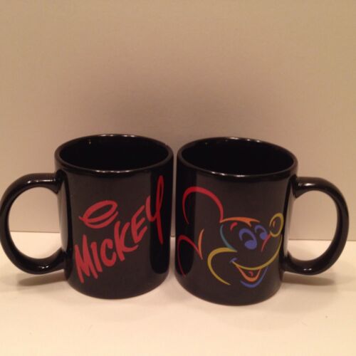 Pair Disney Mickey Mouse Mug Neon Sketch On Black 12 oz  Excellent Condition