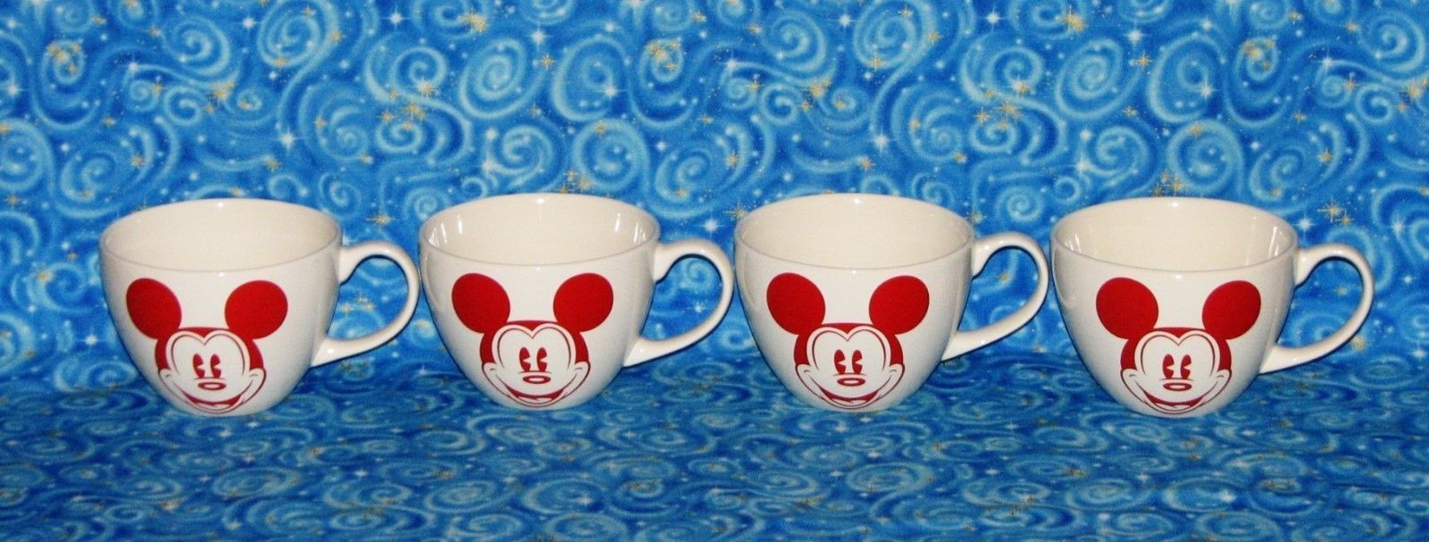New Vintage Style Mickey Mouse Set of 4 Disney Store Mugs JUMBO Coffee Cups Red