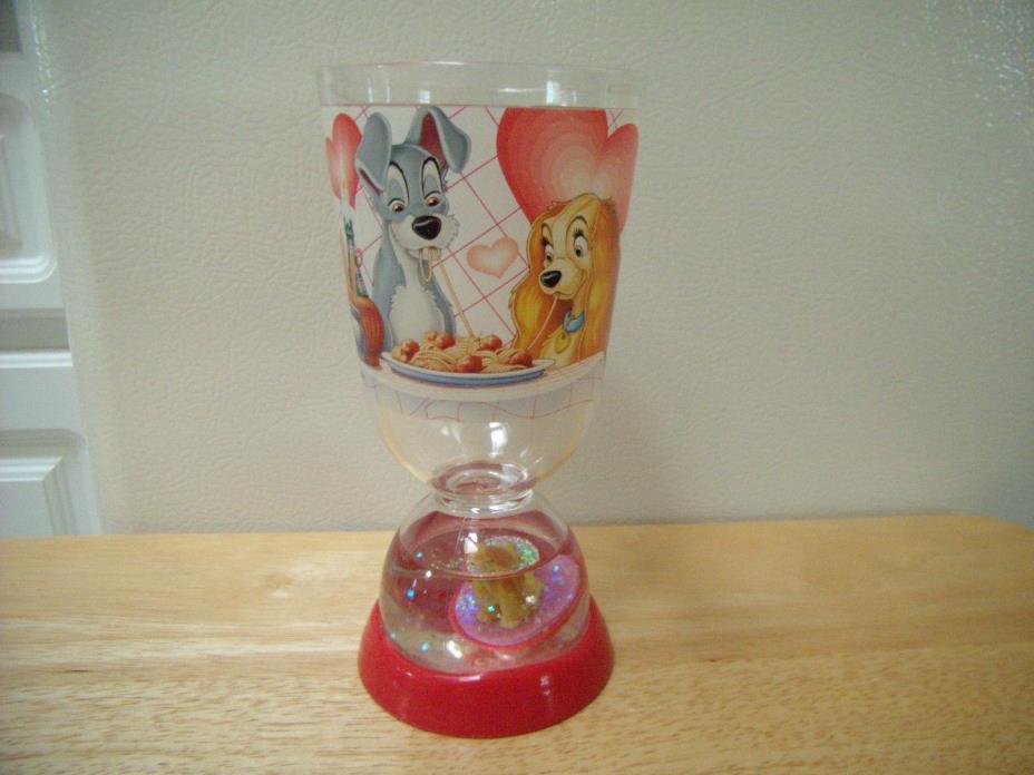 Disney Lady And The Tramp Plastic Glitter Snow Globe Drinking Cup Glass Tumbler