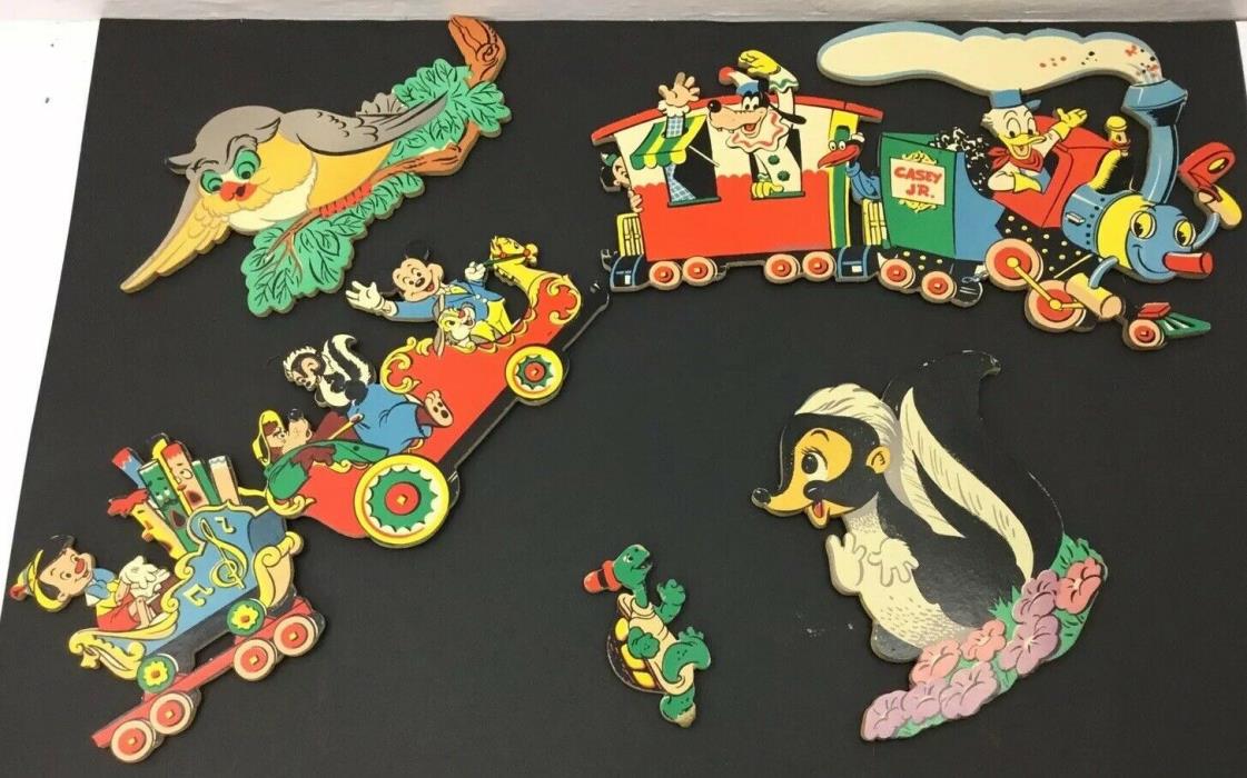 Lot Vintage Disney Pin Up Wall Hanging Casey Jr Train Mickey Mouse, Goofy, Duck
