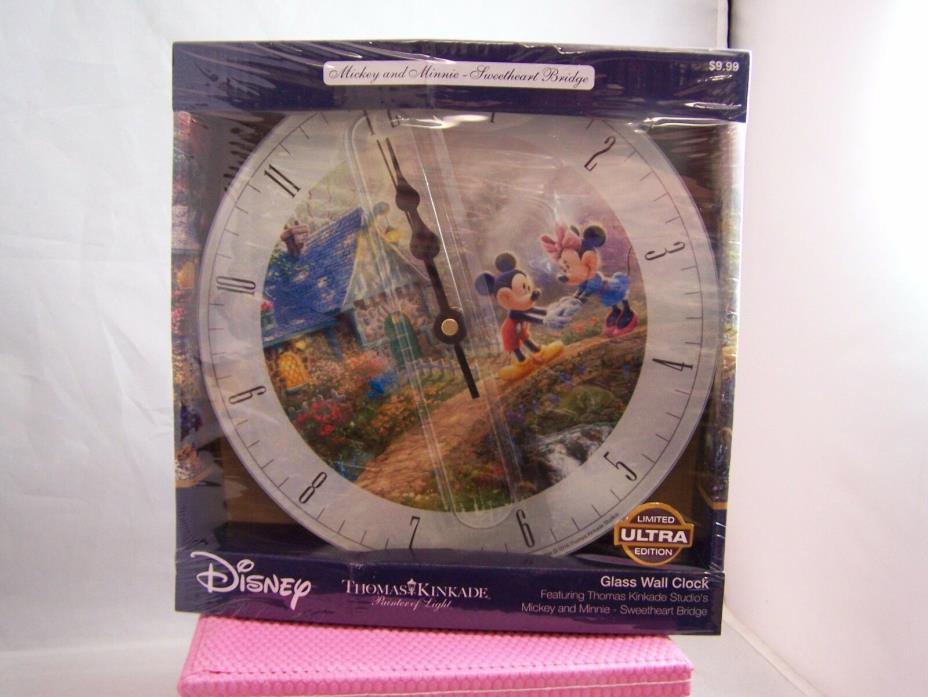 NIB Disney Mickey and Minnie Glass Clock Thomas Kinkade Studio's