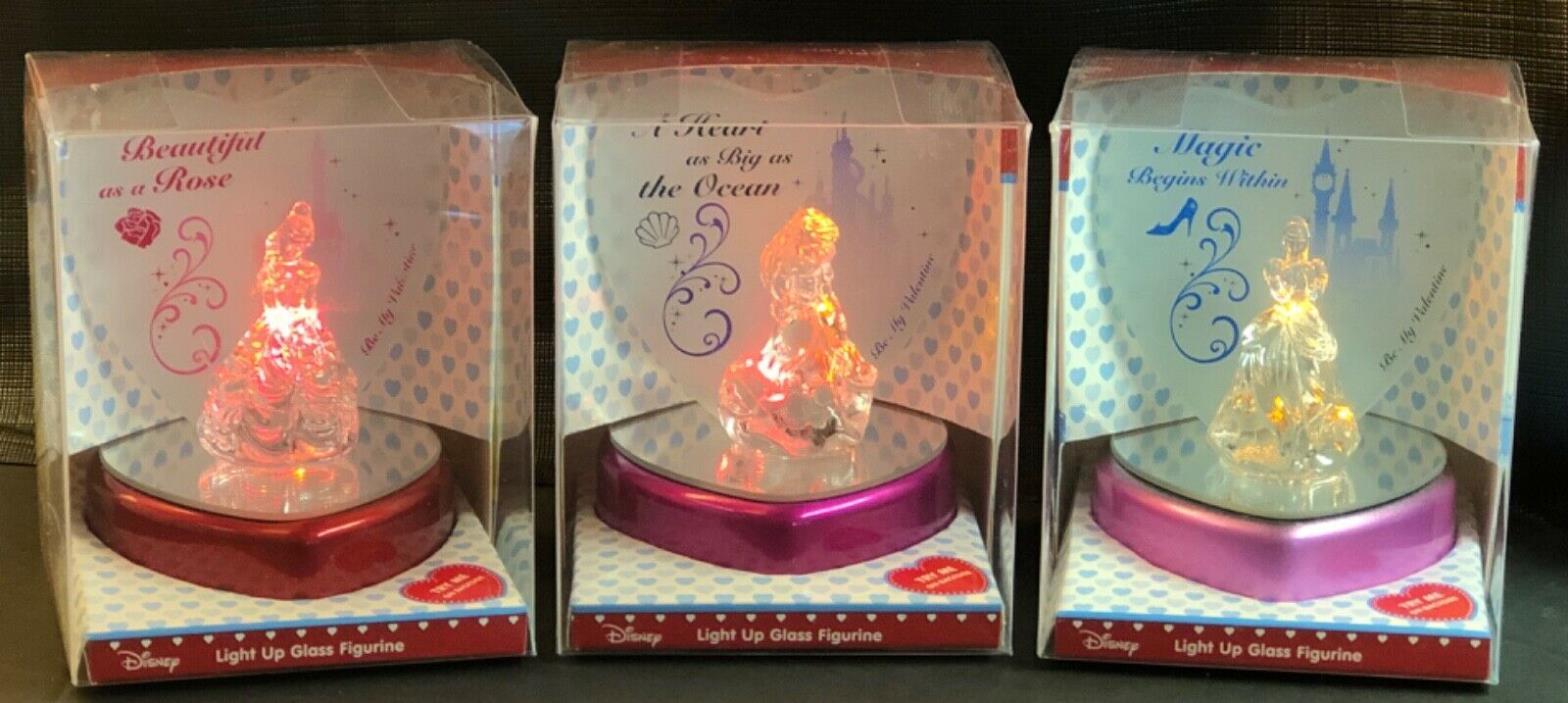 Disney Princess Ariel Belle Cinderella LIGHT UP Glass Figurines Lot of 3 NEW
