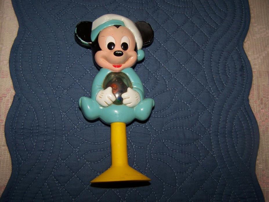 MICKEY MOUSE Blue Baby Rattle 1984 with yellow Suction Cup Stand