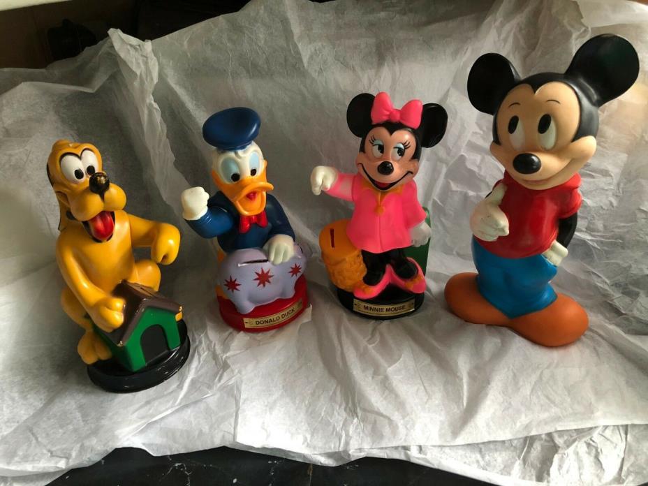 4 Vintage Plastic  Disney Piggy Bank Figures Minnie Mickey Donald Pluto