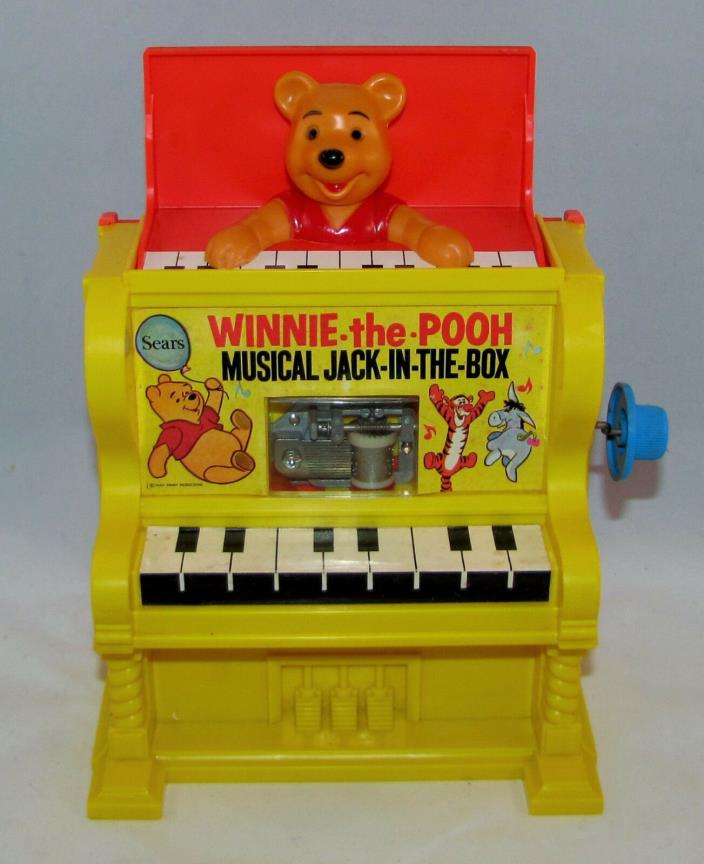 1975 Vintage Sears Disney WINNIE THE POOH Musical Piano JACK IN THE BOX - Works!