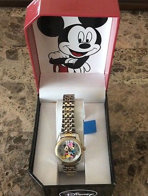 Disney Mickey & Minnie Mouse Watch Silver Charater Dial Two Tone Stretch Band!