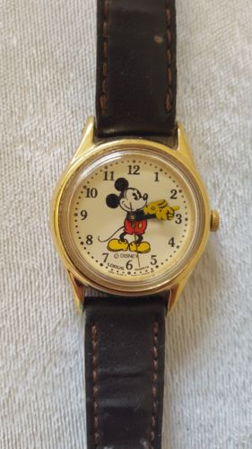 Vintage Mikey Mouse women's wrist watch, black leather band, needs battery/band