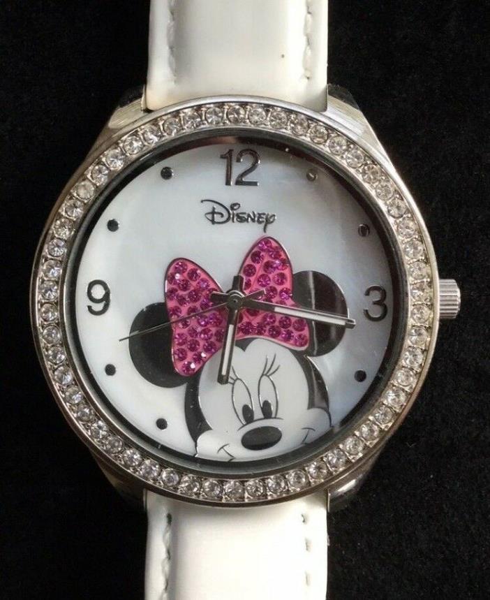 White Minnie Mouse watch Genuine Leather Band Jewels NEW BATTERY