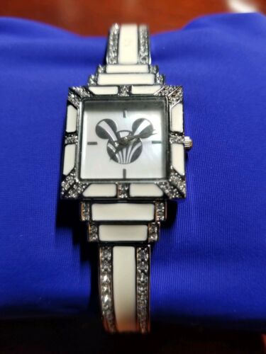 Unique NWT Disney Mickey Women's Art Deco Wrist Watch - White enamel and crystal