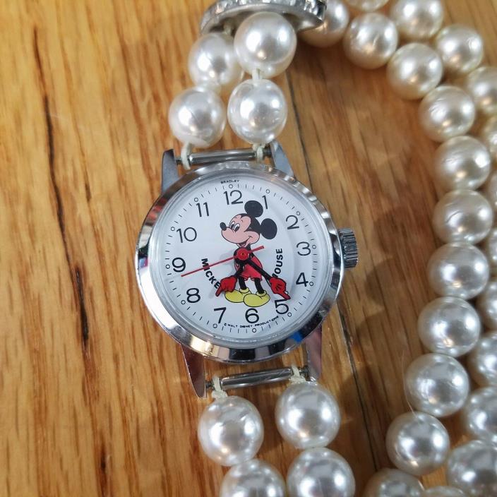 Womens Vtg Mickey Mouse Wrist Watch by Bradley | Pearl Band | Made in Hong Kong
