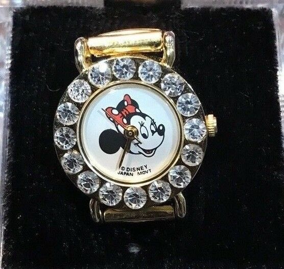 Disney Ring Watch Jeweled Minnie Mouse Stretchable Band Gold Color & Orig. Box