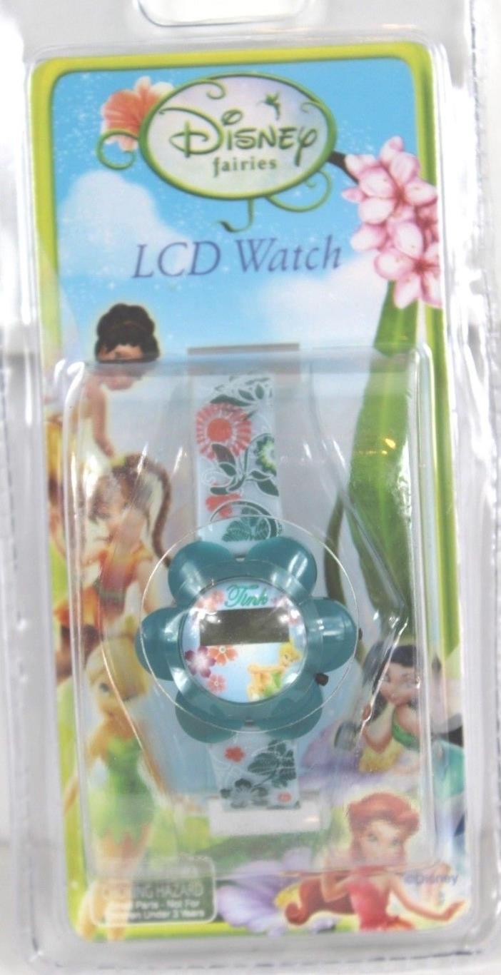 Disney Fairies LCD Watch Tink Tinker Bell Teal Blue Floral Plastic Battery NIP