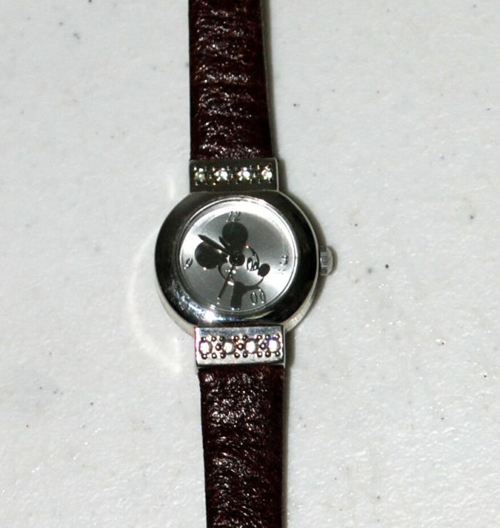 Vintage Mickey Mouse Watch Silver Black Leather Band Japan Movement