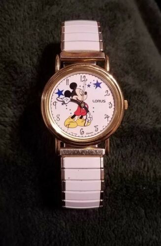 Vintage Mickey Mouse Watch Lorus V501-X038 White Stretch Band
