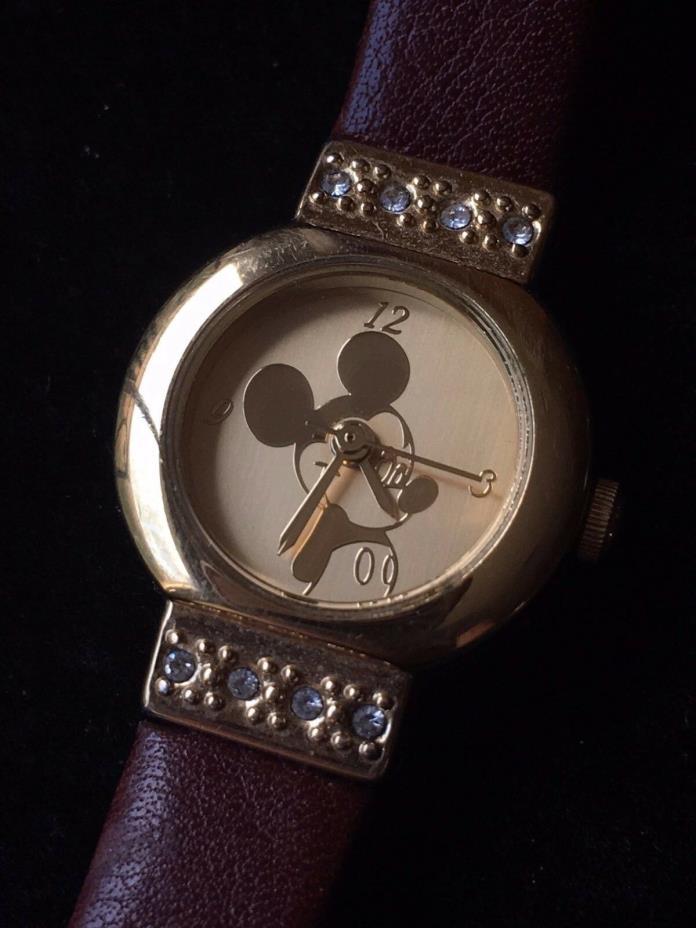 Disney Women's Mickey Mouse GOLD BROWN LEATHER BAND Watch NEW BATTERY CRYSTALS