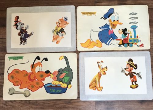 Set of 4  Vintage DISNEY Laminated & Vinyl Placemats Mickey Donald 3 Pigs Pluto