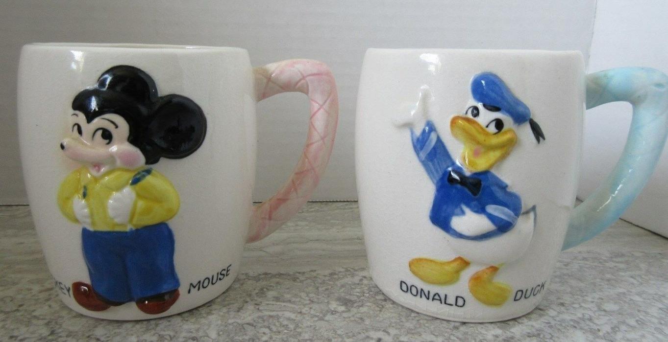 2 Old Vintage Walt Disney Productions Japan Coffee Mugs Mickey Mouse Donald Duck